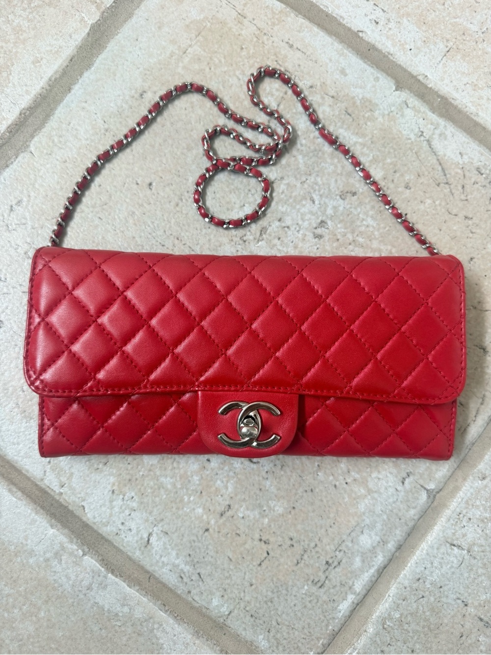 Authentic CHANEL Red Quilted East West Lambskin Clutch or Chain Shoulder Bag